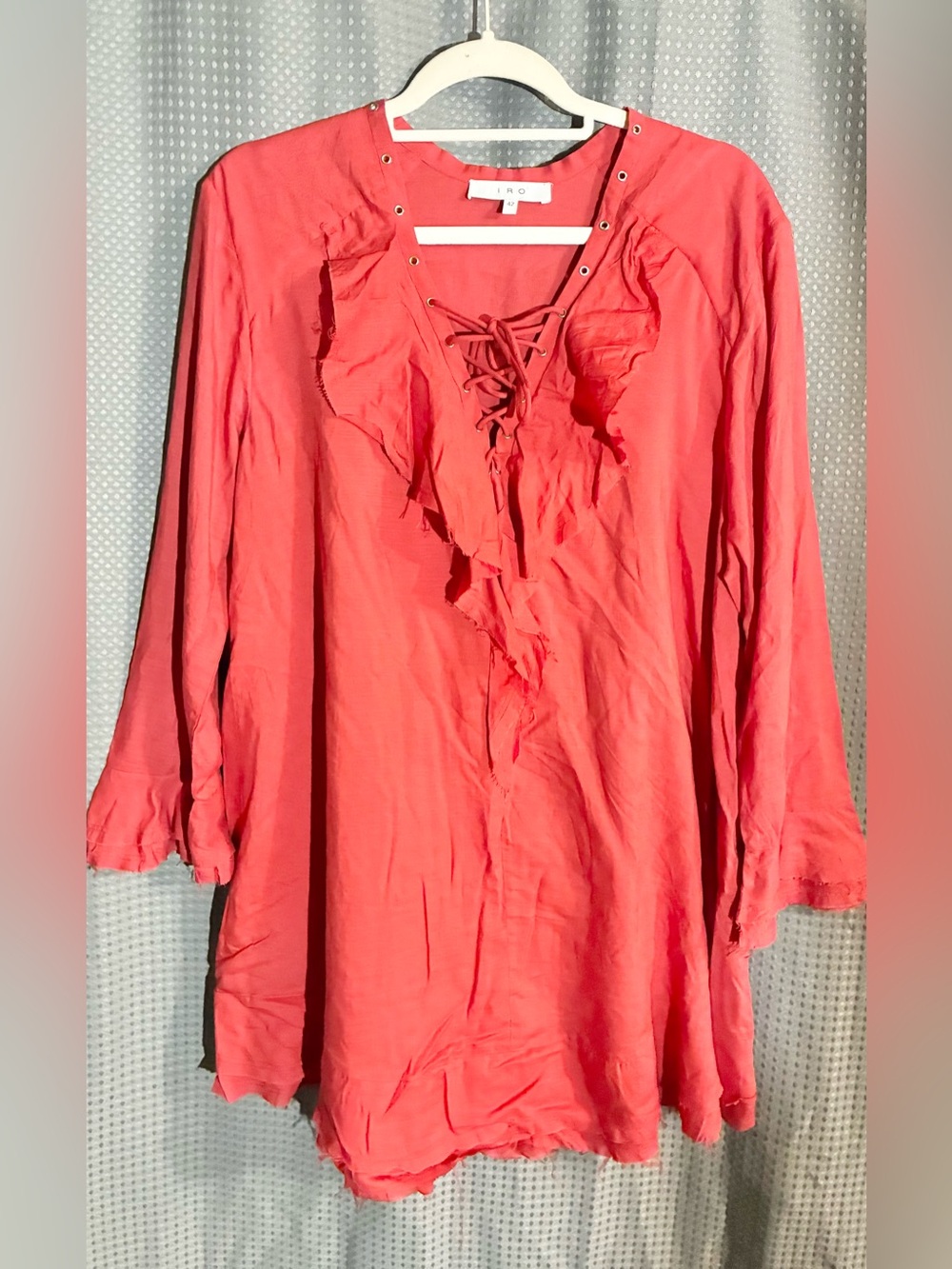 Iro Florine Red Dress Sz 42/ US 12 Ruffles Lace Up Neck Lined Lightweight Party